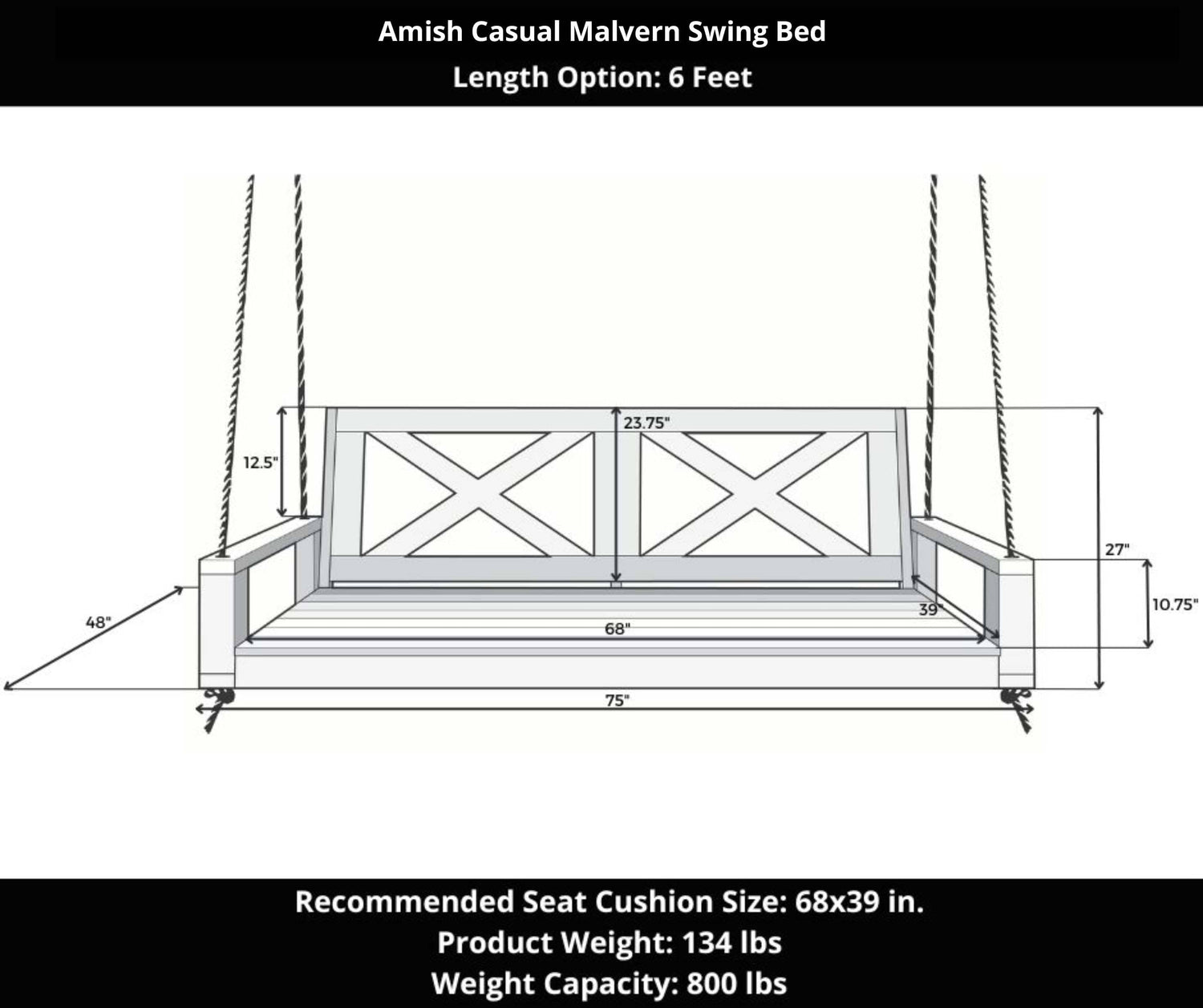 Amish Casual Malvern Porch Swing Bed, 6 Ft Oak with Clearcoat