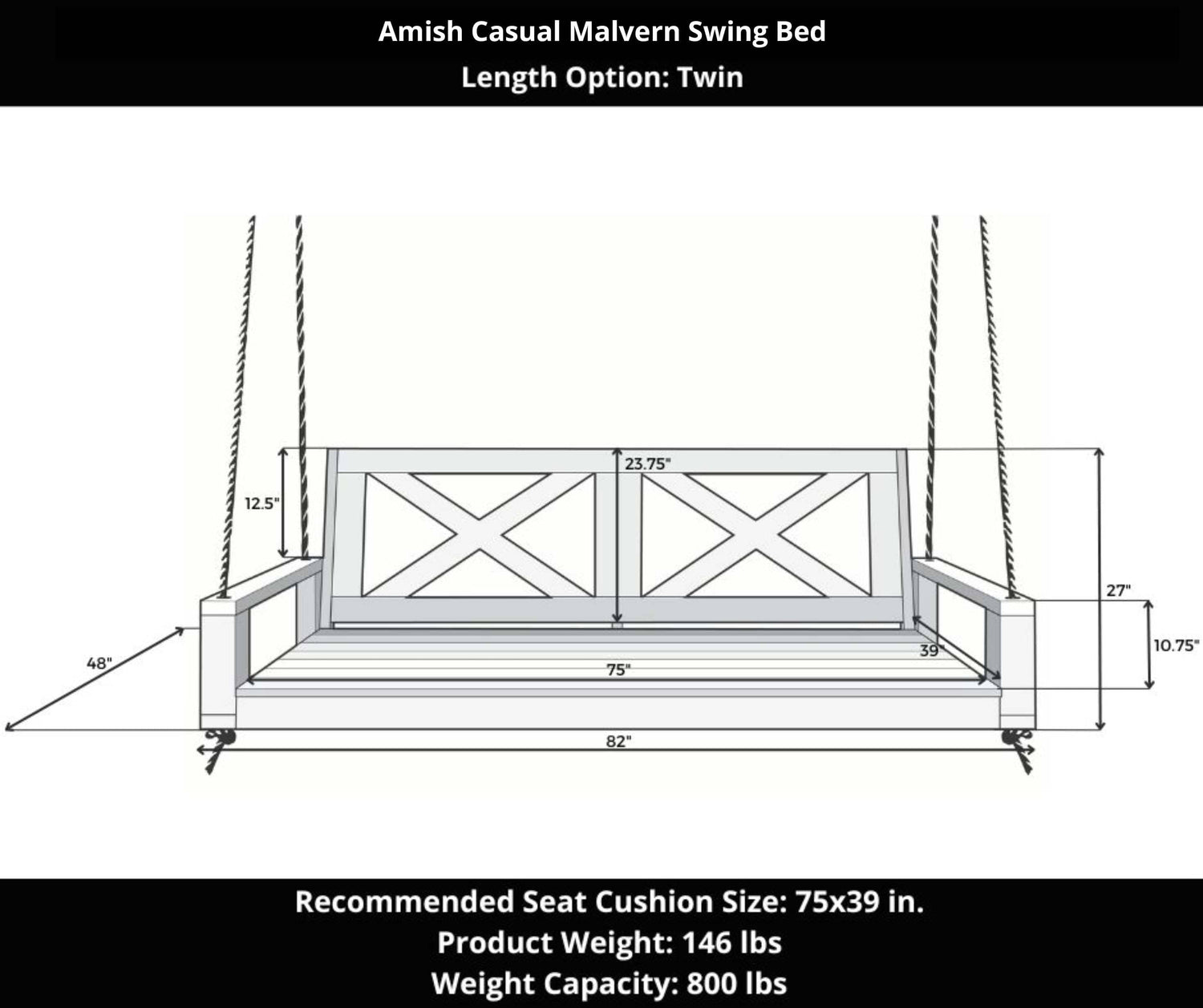 Amish Casual Malvern Porch Swing Bed, Twin Unfinished with Clearcoat