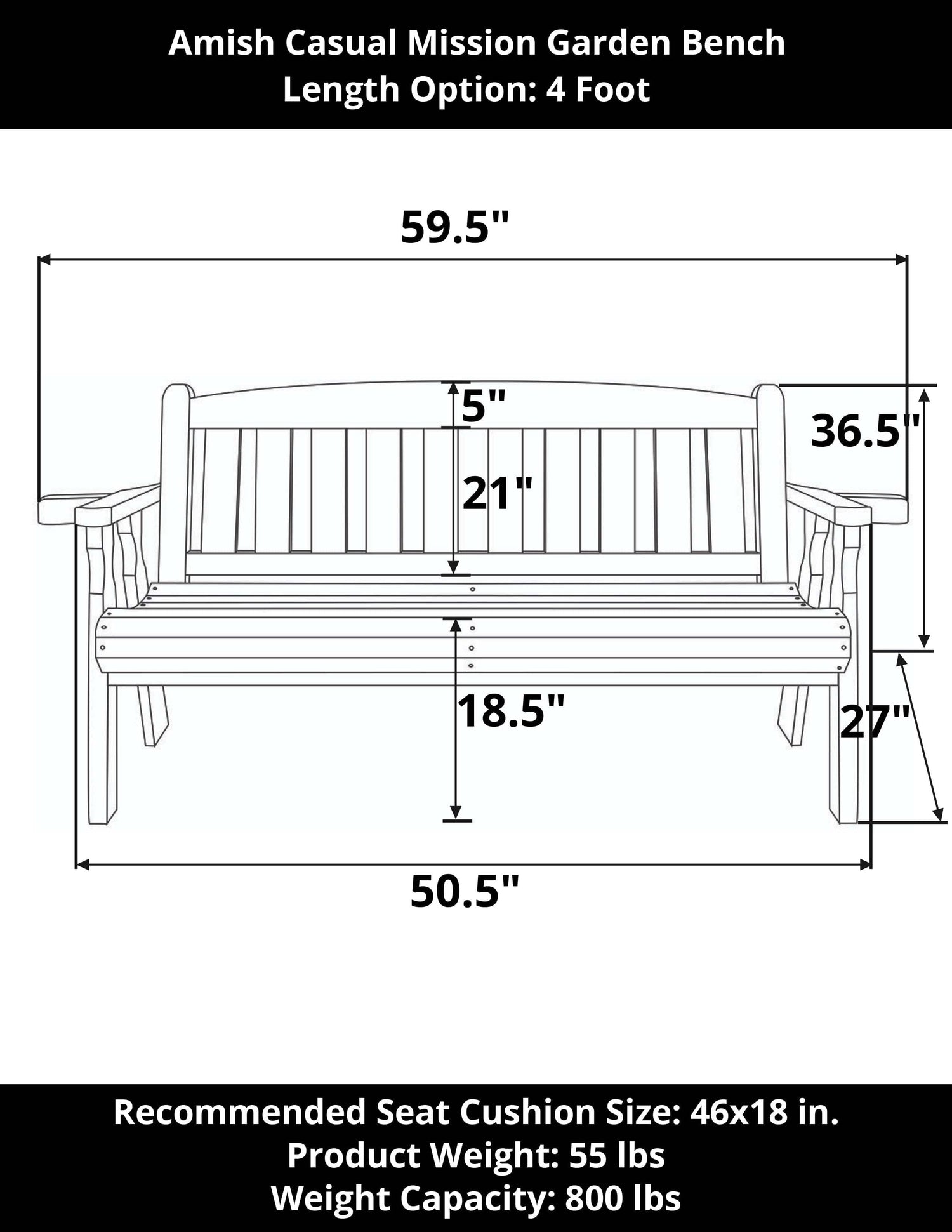 Amish Casual 4 Foot Mission Wood Garden Bench