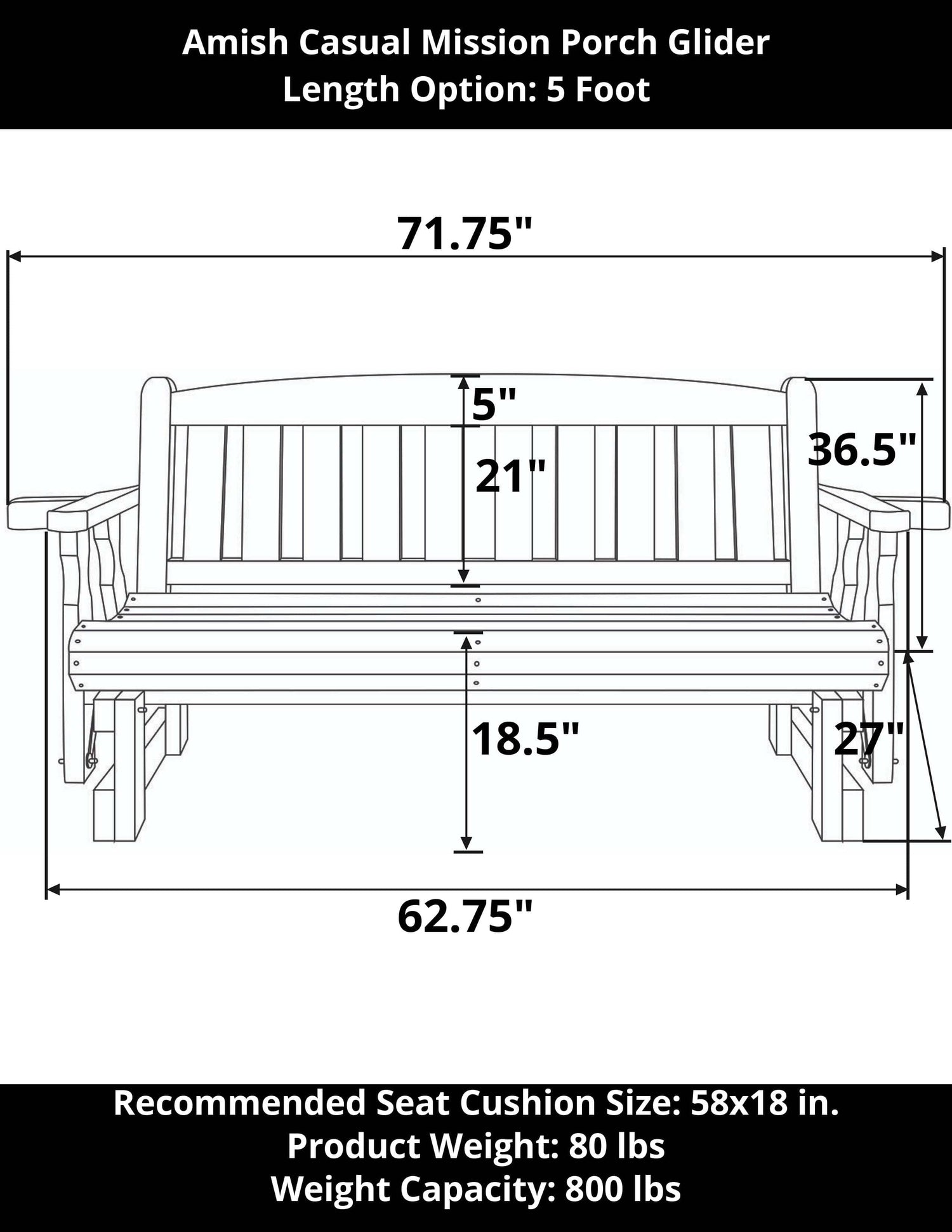 Amish Casual 5 Foot Mission Wood Porch Glider