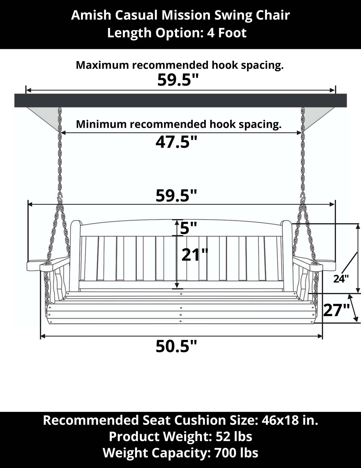 Amish Casual 4 Foot Black Stain Mission Porch Swing with Clearcoat