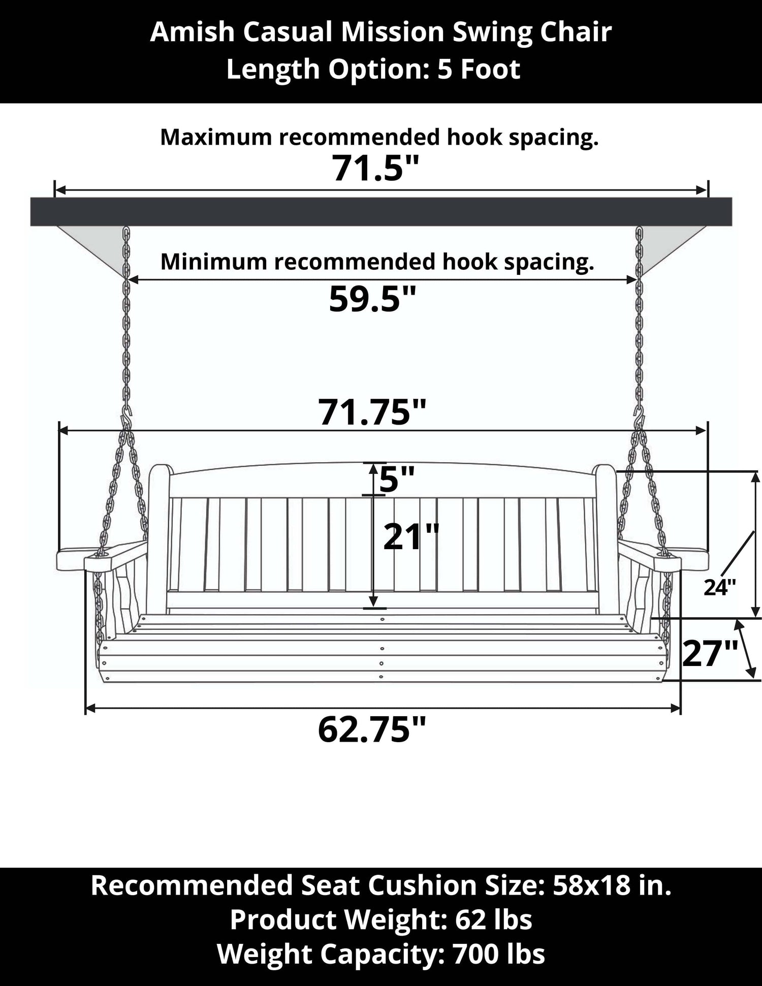 Amish Casual 5 Foot Dark Walnut Stain Mission Porch Swing