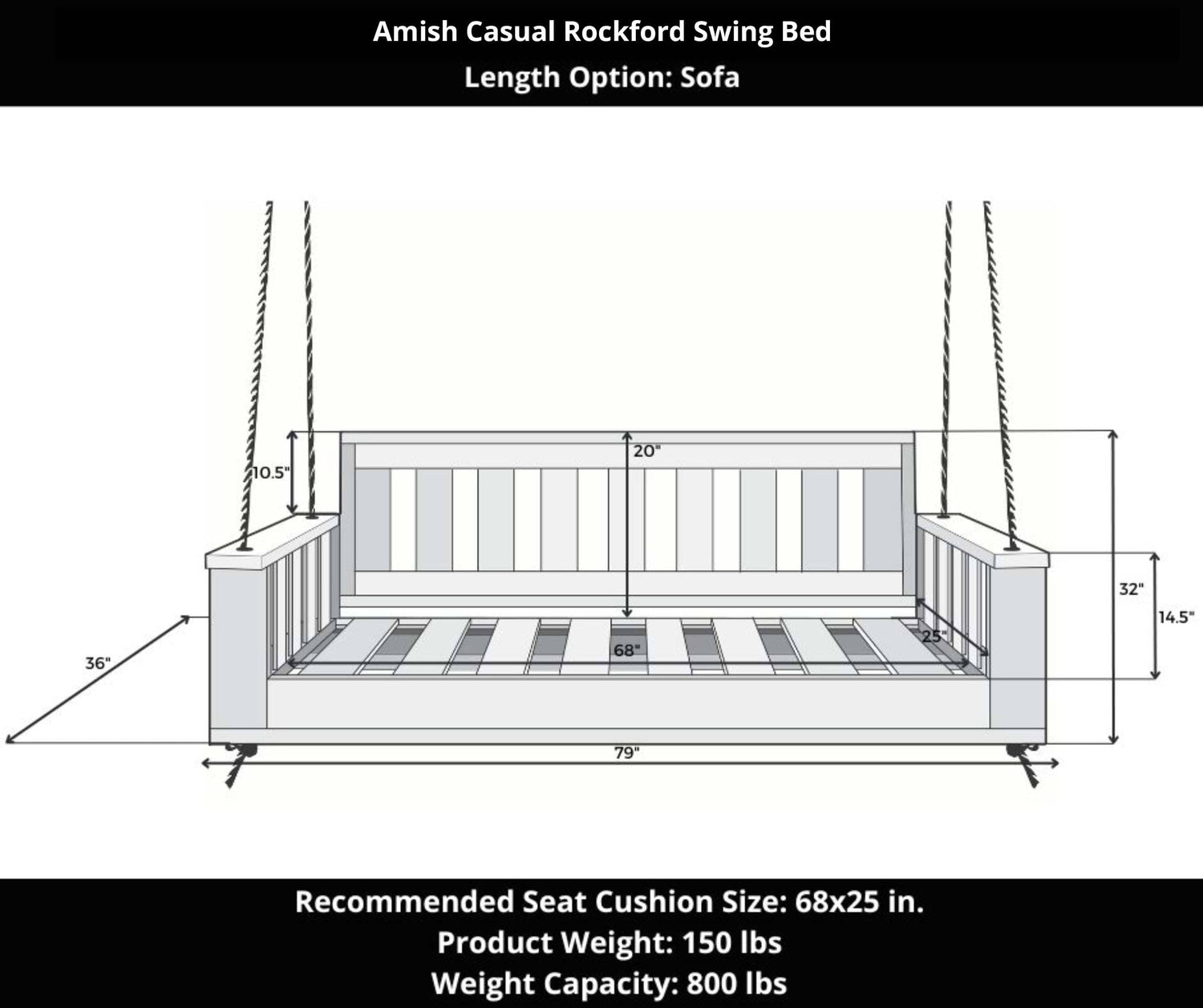 Amish Casual Rockford Daybed Swing Package with Included Cushions, Sofa, Tricorn Black Paint
