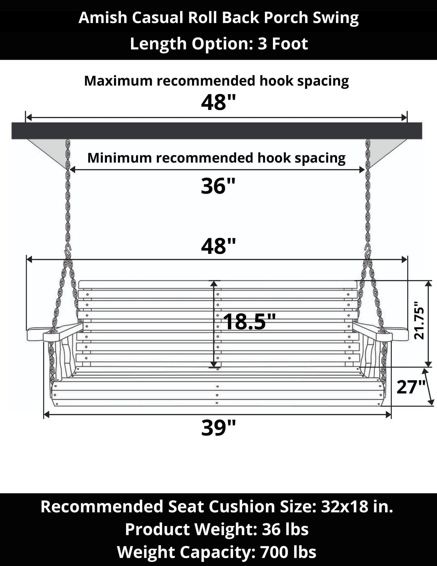 Amish Casual 3 Foot Roll Back Porch Swing in Oak Stain