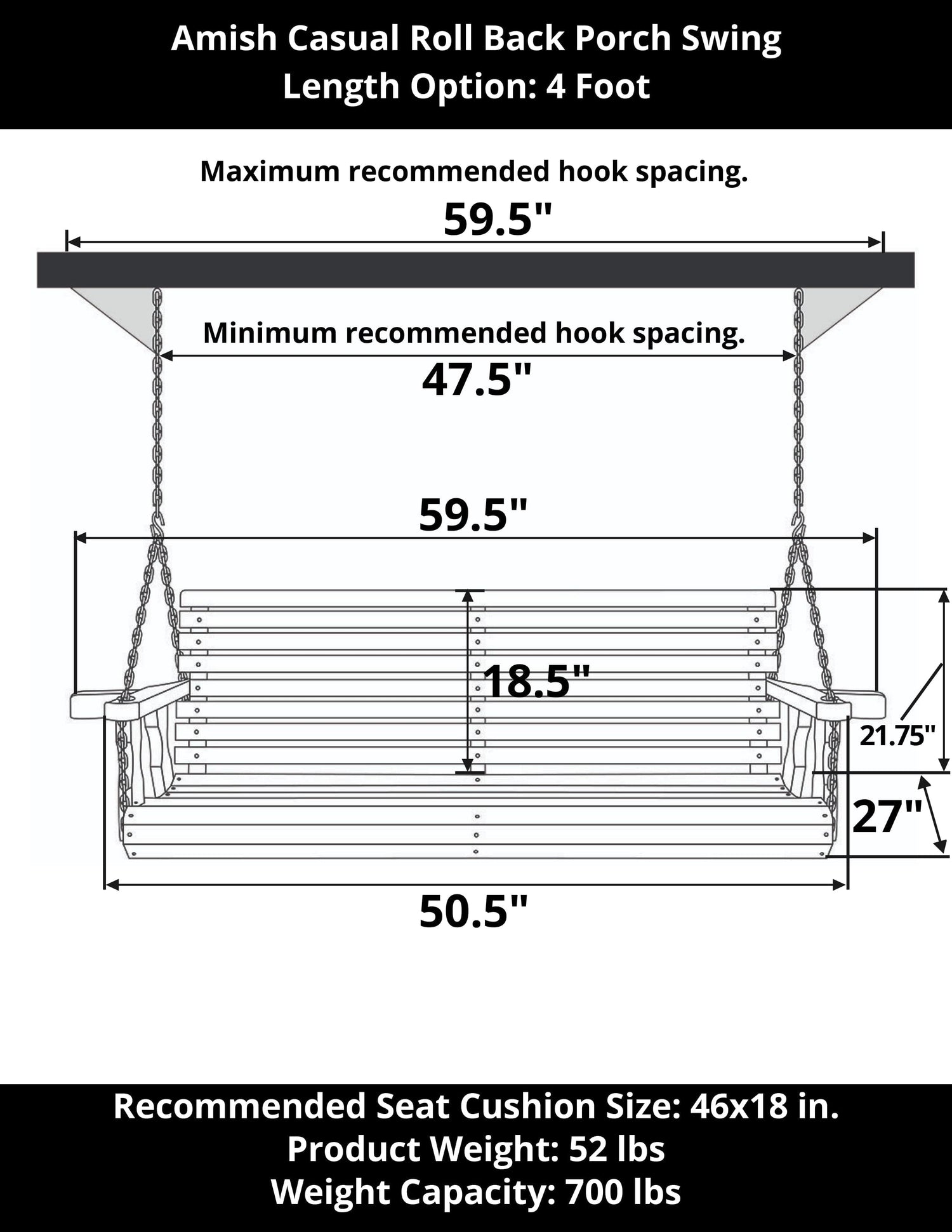Amish Casual 4 Foot Roll Back Porch Swing in Cedar with Clearcoat