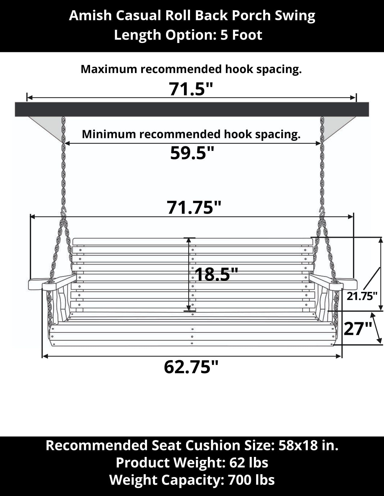 Amish Casual 5 Foot Roll Back Porch Swing in Grey Stain