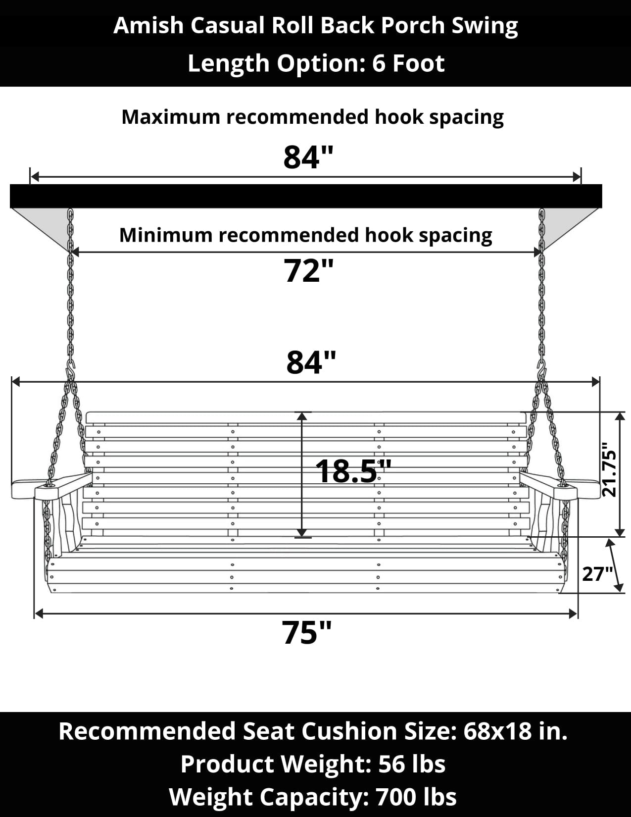 Amish Casual 6 Foot Roll Back Porch Swing in Cedar Stain