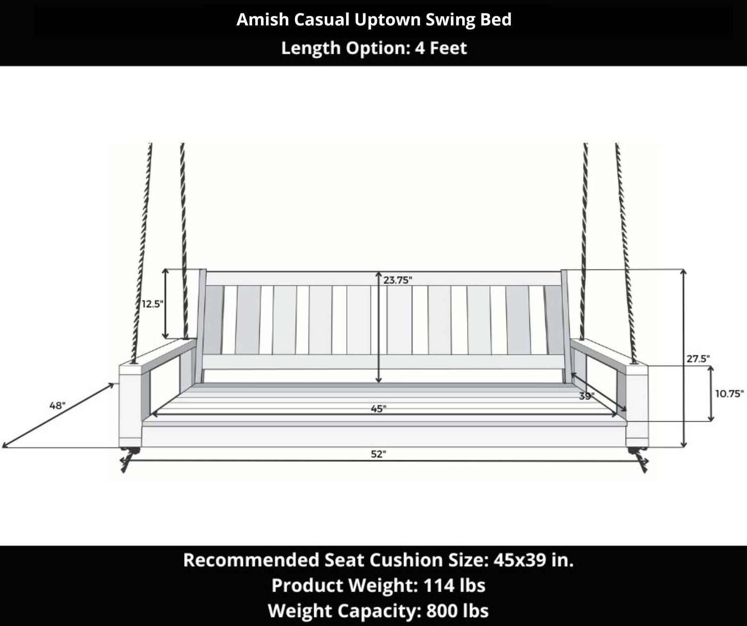 Amish Casual 4 Foot Uptown Porch Swing Bed in Clearcoat Cedar Stain