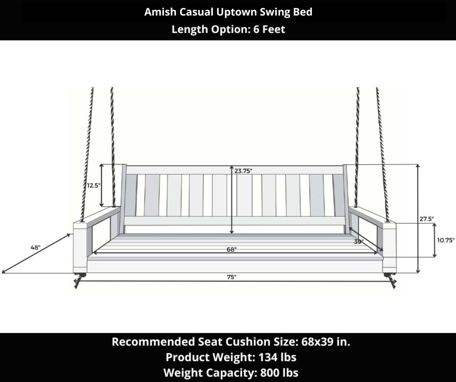 Amish Casual 6 Foot Uptown Porch Swing Bed in Clearcoat Unfinished