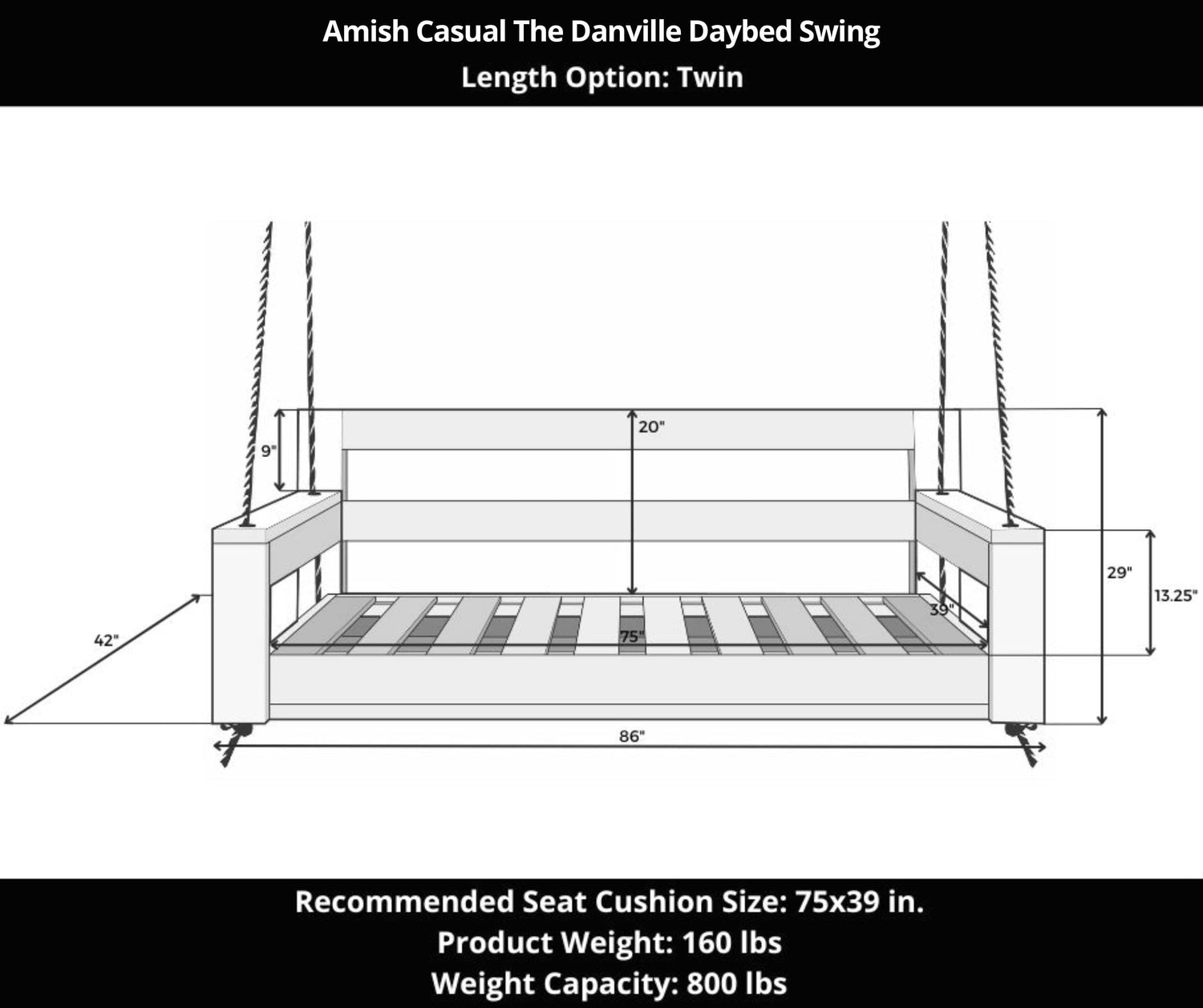 Amish Casual The Danville Daybed Swing, Twin, Dovetail Grey Paint