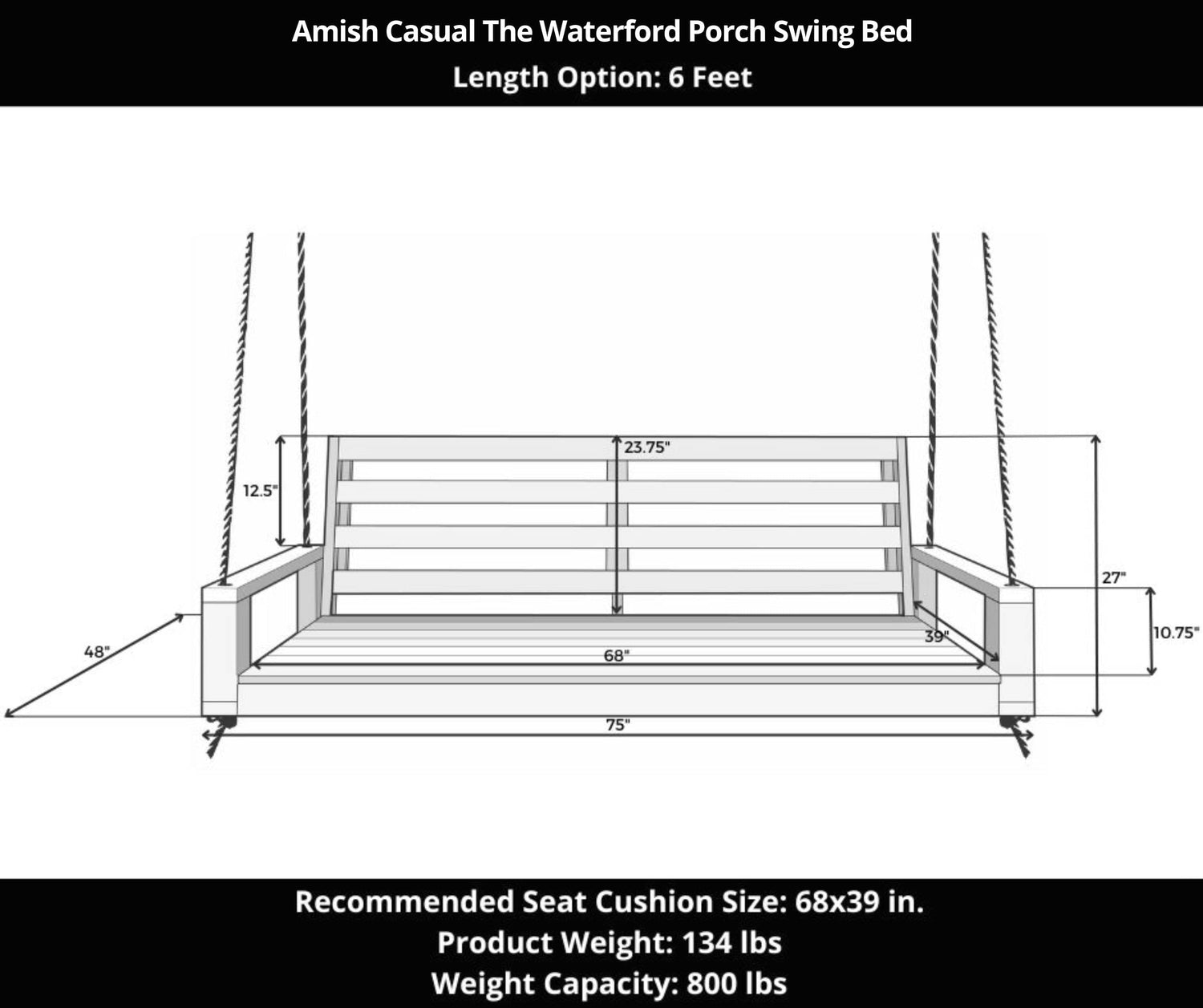 Amish Casual Waterford Hanging Bed Swing for Porch, 6 Ft Oak