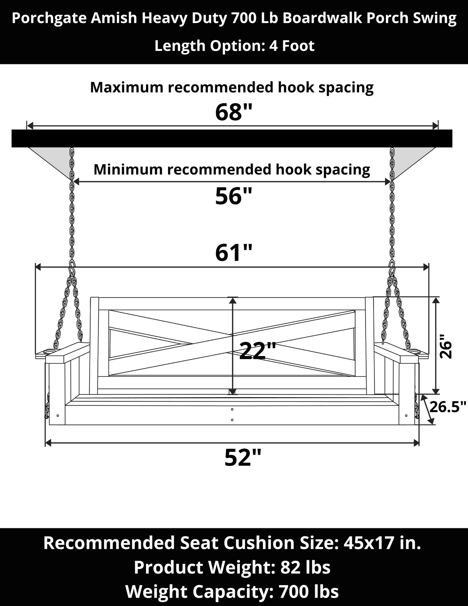 Porchgate Amish Heavy Duty 700 Lb 4-Foot Boardwalk Porch Swing - Dovetail Grey