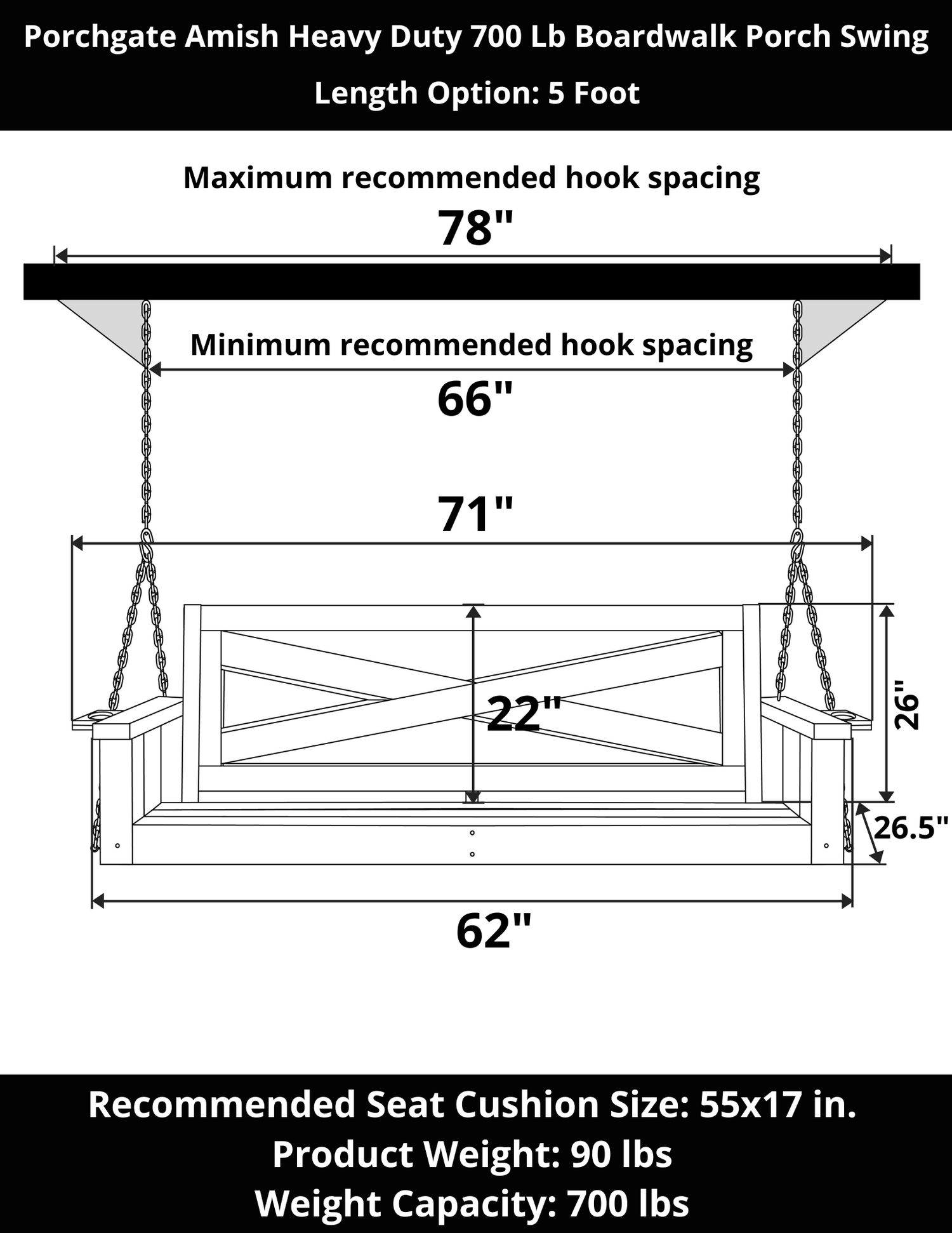 Porchgate Amish Heavy Duty 700 Lb 5-Foot Boardwalk Porch Swing - Dovetail Grey