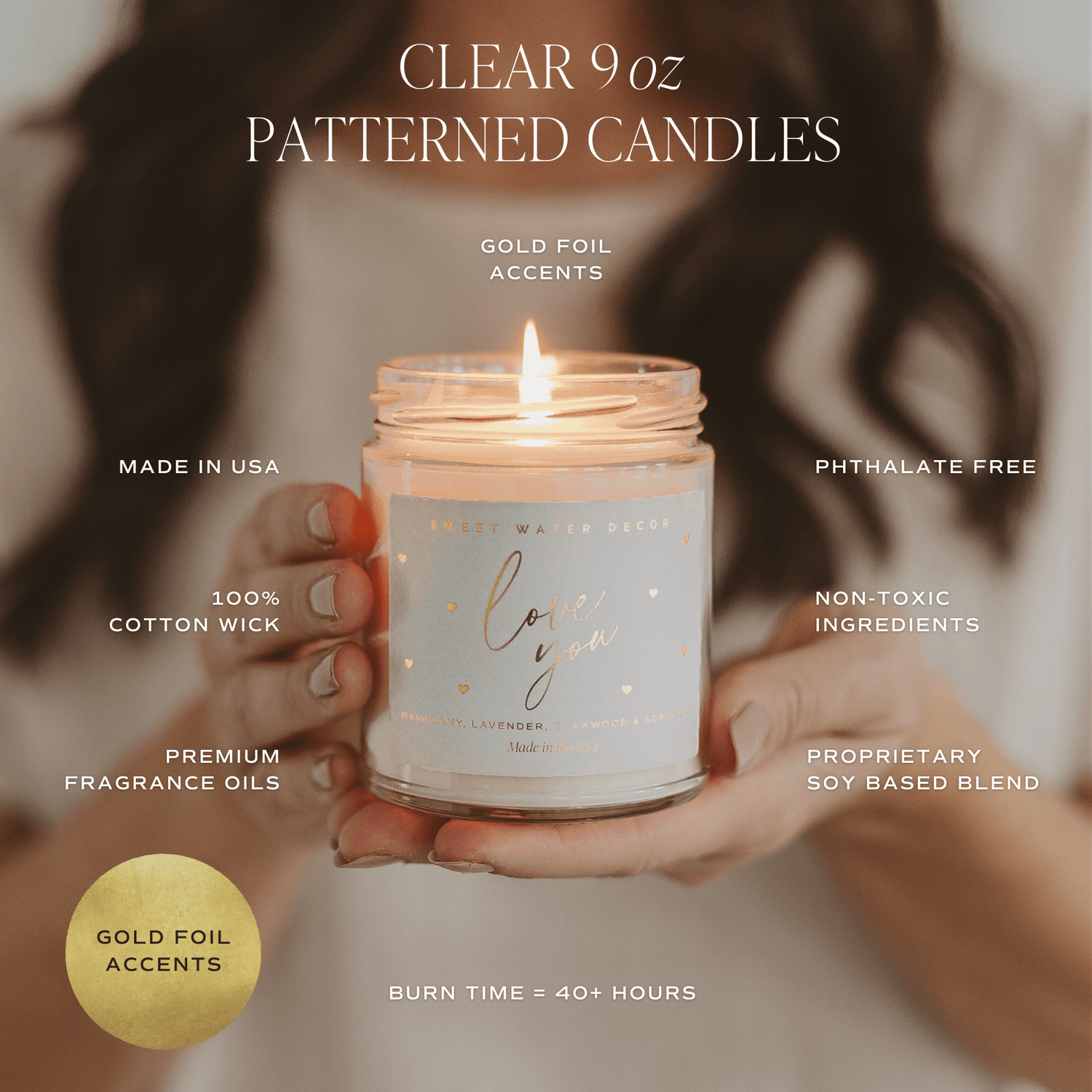 Love You Soy Candle Patterned - Clear Jar - 9 oz (Driftwood and Mahogany)