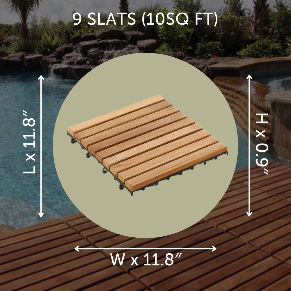 Denali Natural Teak Outdoor Interlocking Tiles, 9 Slat (10 sq ft)