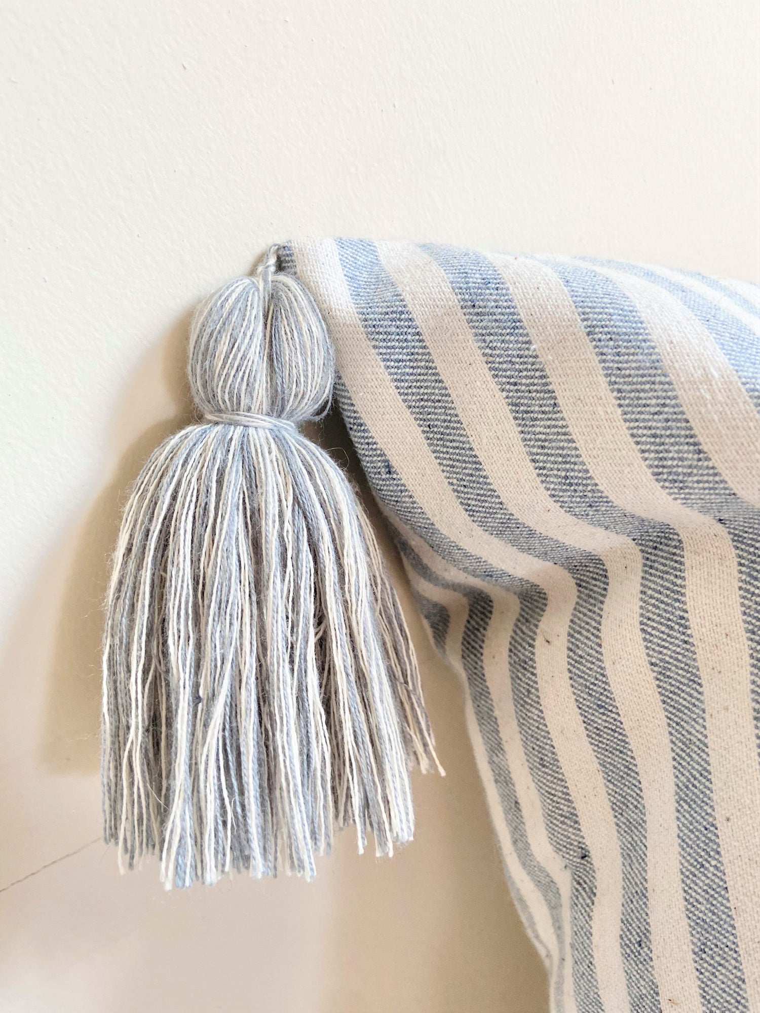 Coastal White and Blue Stripe Pillow Cover with Tassels
