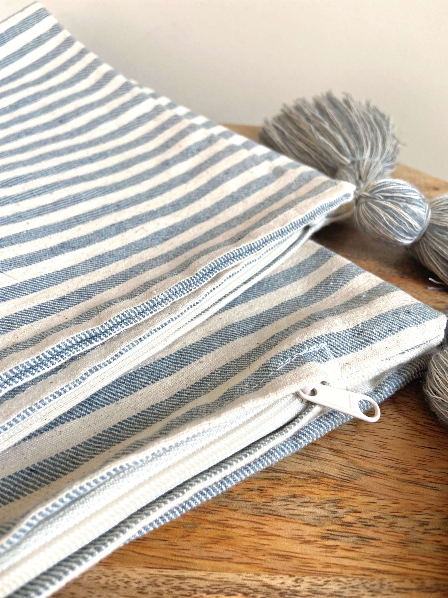 Coastal White and Blue Stripe Pillow Cover with Tassels