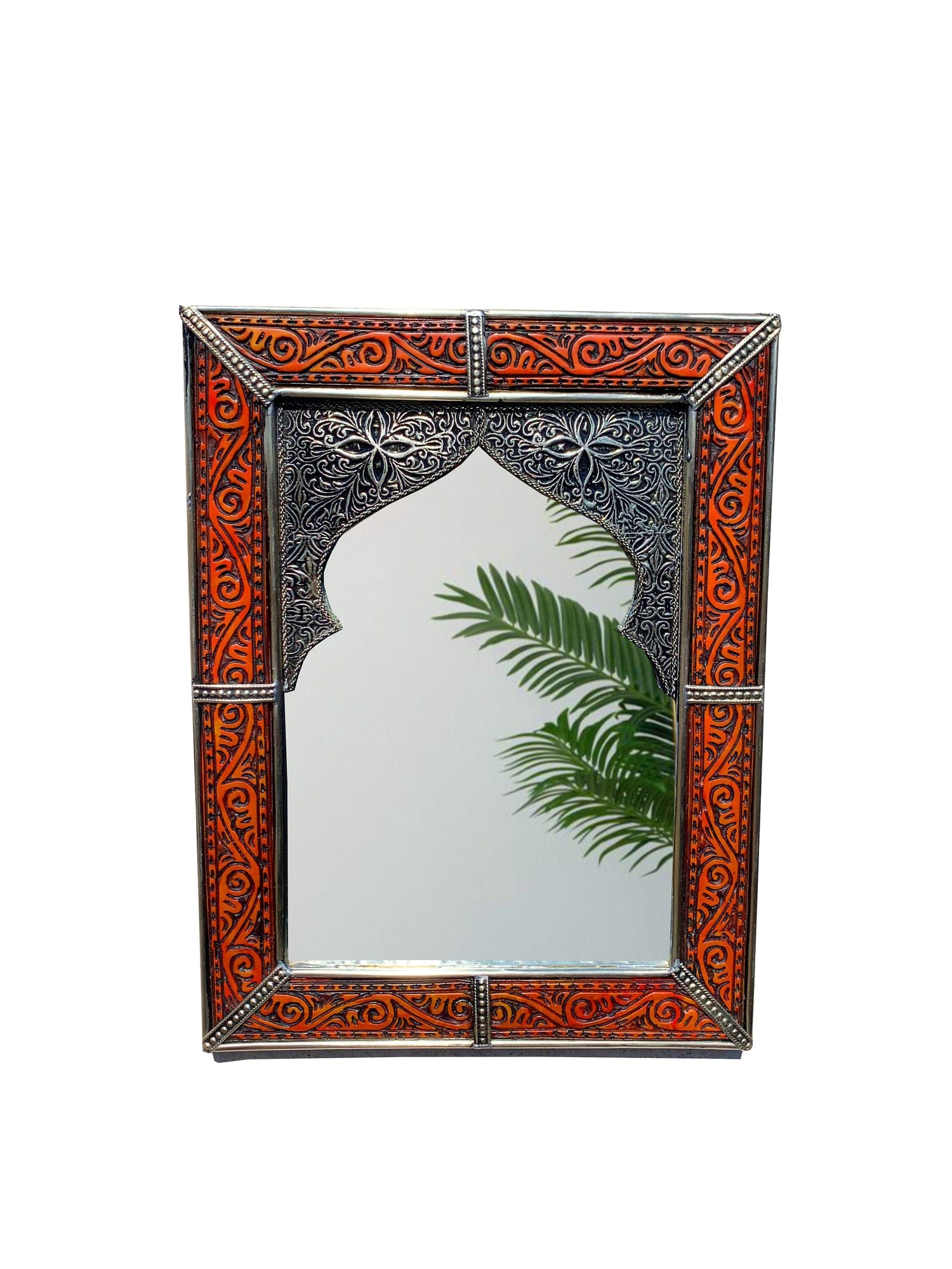 Vintage Moroccan Blue Engraved Frame Wall Mirror