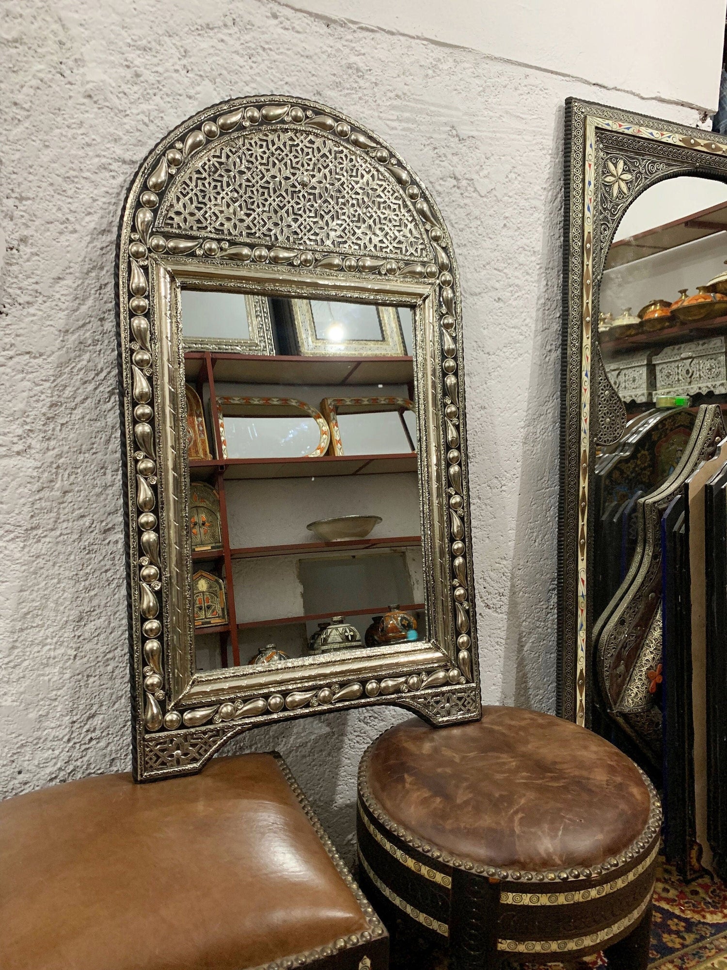 Handcrafted Silver Arch Mirror - Moroccan Antique Wall Mirror