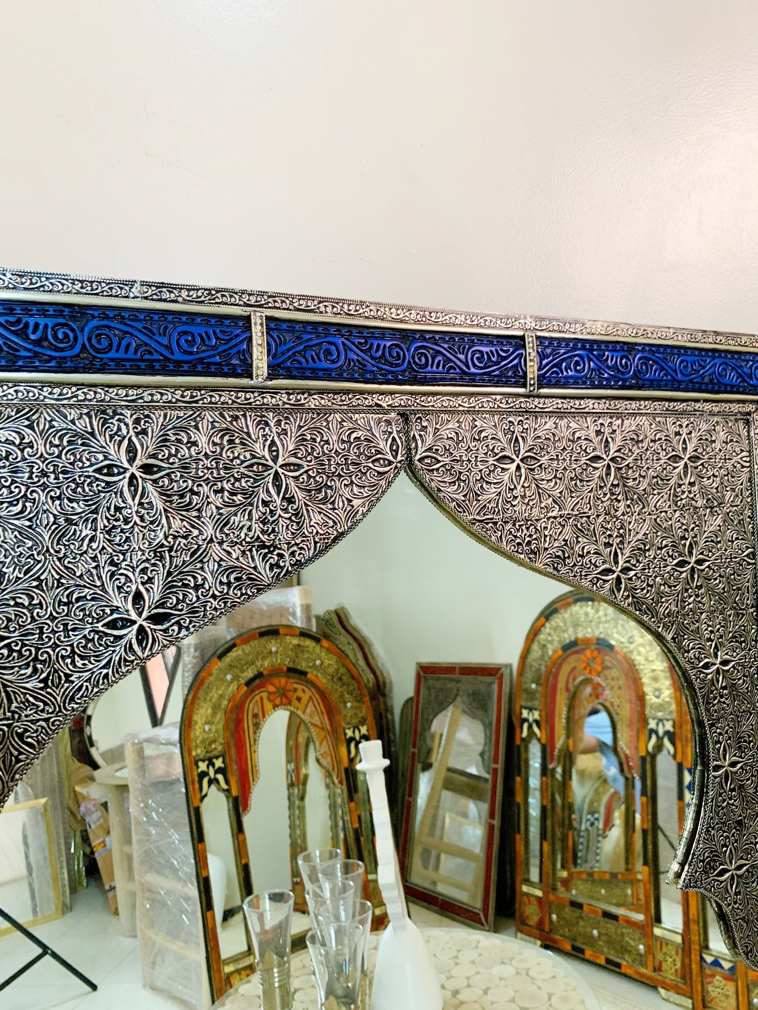 Vintage Moroccan Blue Engraved Frame Wall Mirror