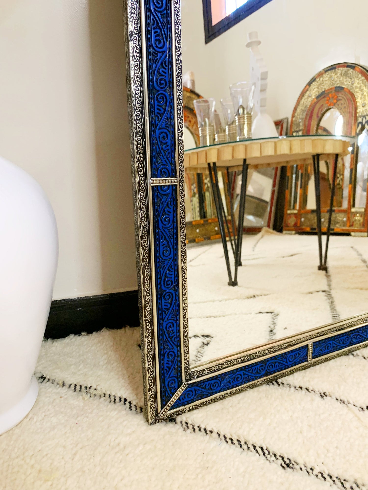 Vintage Moroccan Blue Engraved Frame Wall Mirror