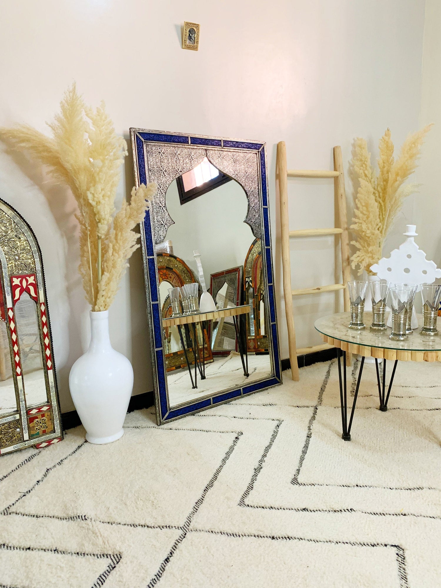 Vintage Moroccan Blue Engraved Frame Wall Mirror
