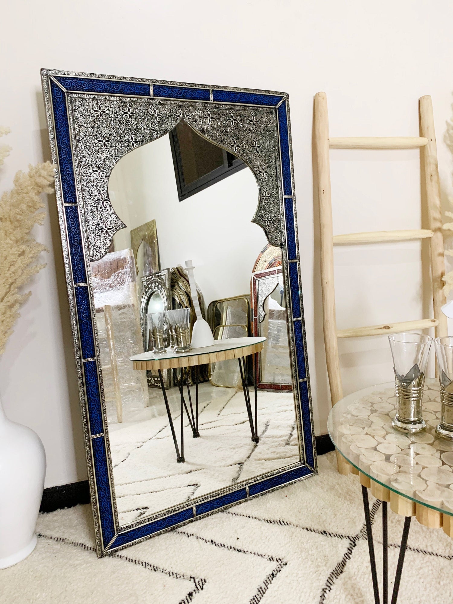 Vintage Moroccan Blue Engraved Frame Wall Mirror