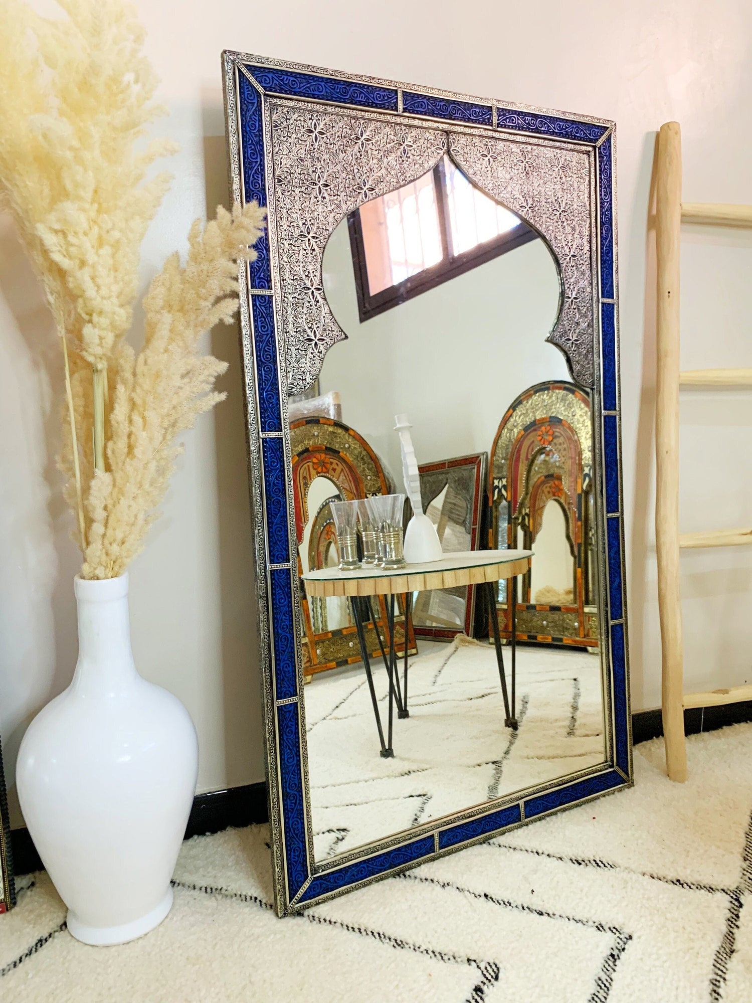 Vintage Moroccan Blue Engraved Frame Wall Mirror