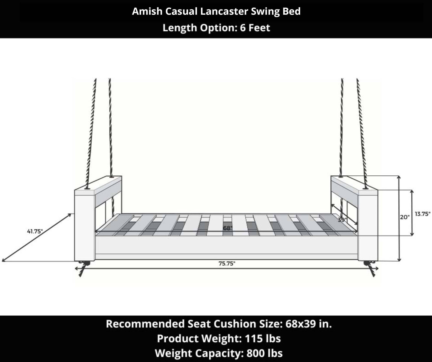 Amish Casual Lancaster Daybed Swing Bed, 6 Ft Oak with Clearcoat