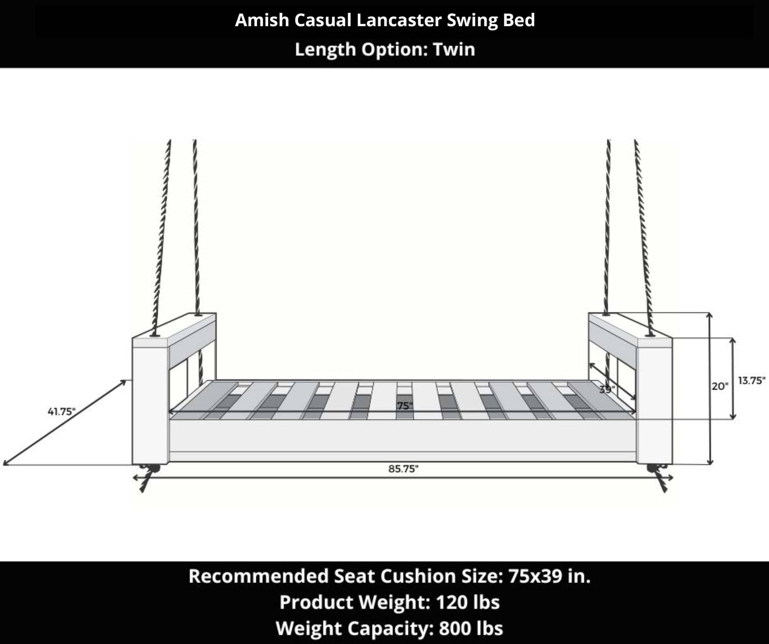Amish Casual Lancaster Daybed Swing Bed, Twin Unfinished