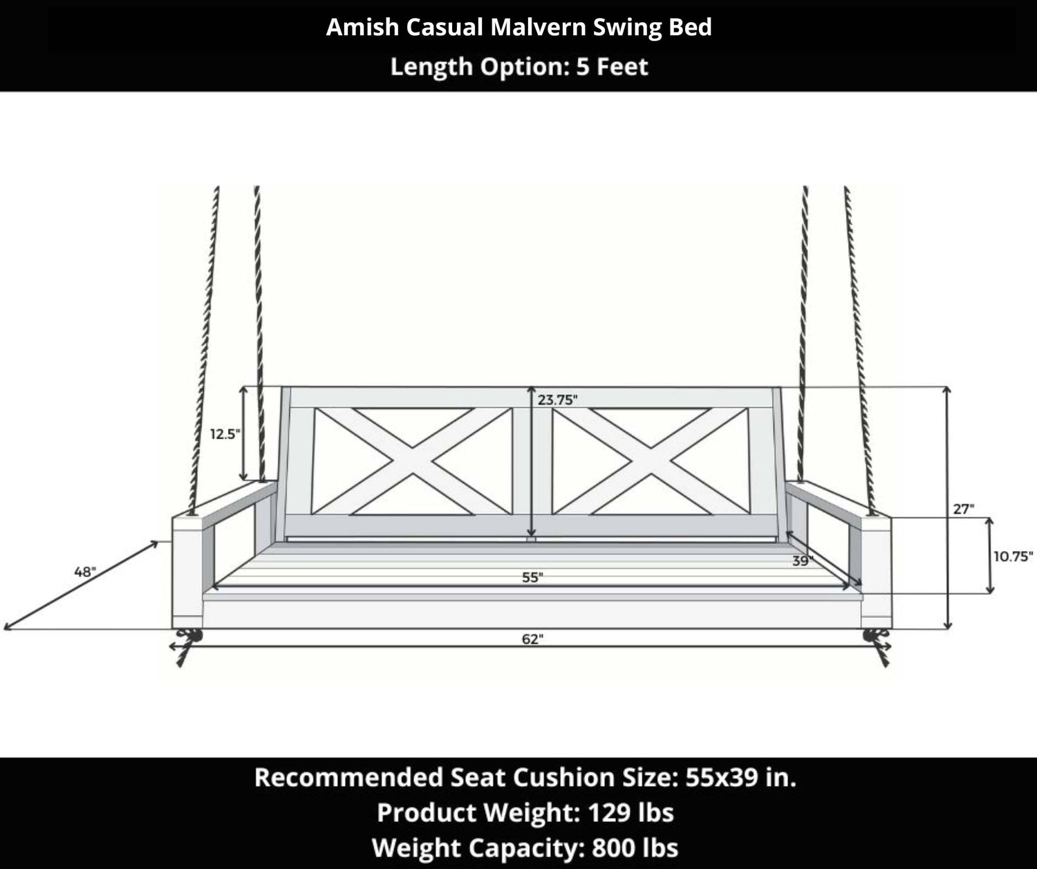 Amish Casual Malvern Porch Swing Bed, 5 Ft Dark Walnut with Clearcoat