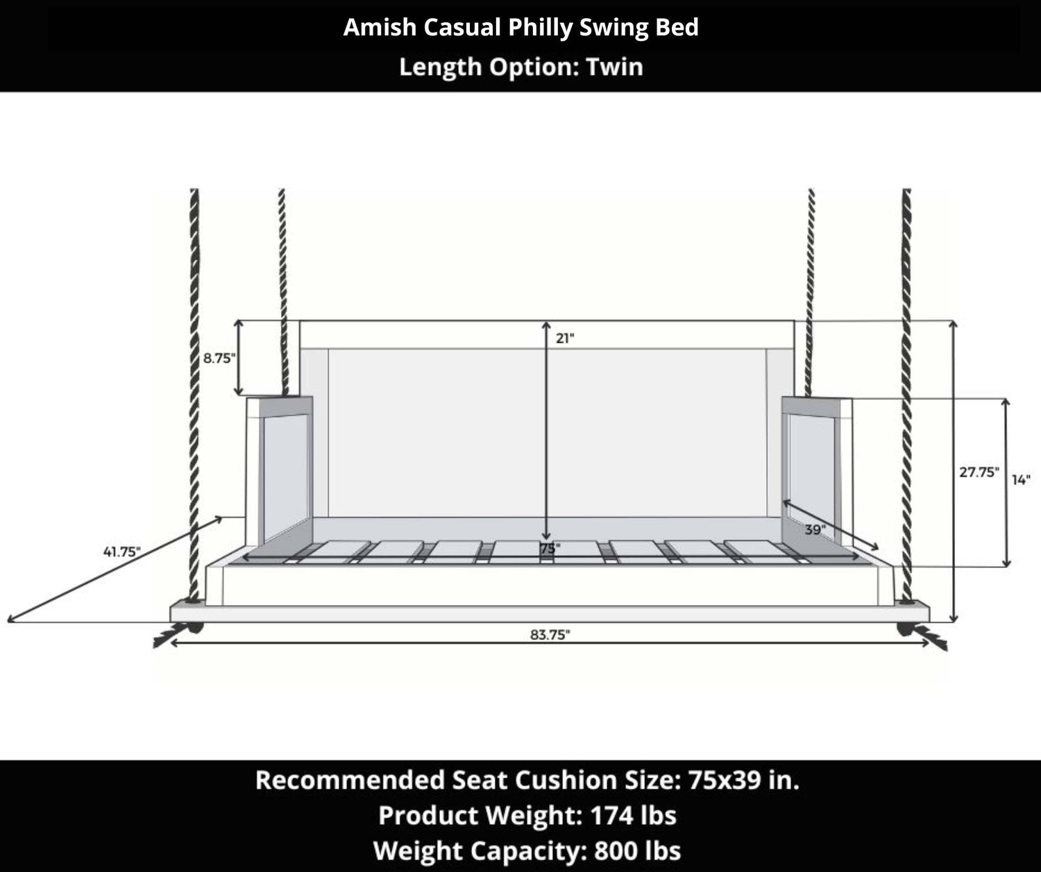 Amish Casual The Philly Daybed Swing in Tricorn Black