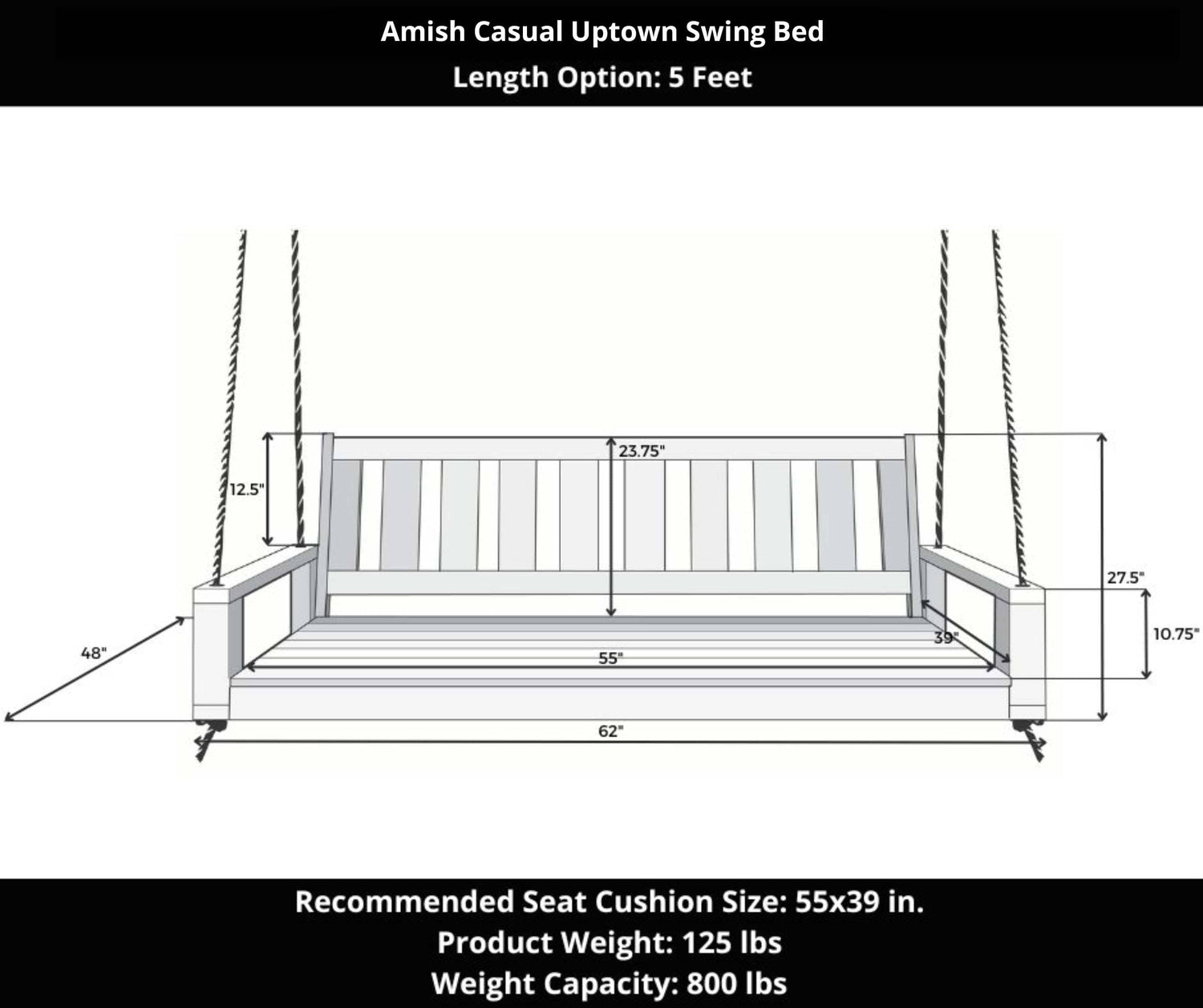 Amish Casual 5 Foot Uptown Porch Swing Bed in Clearcoat Dark Walnut
