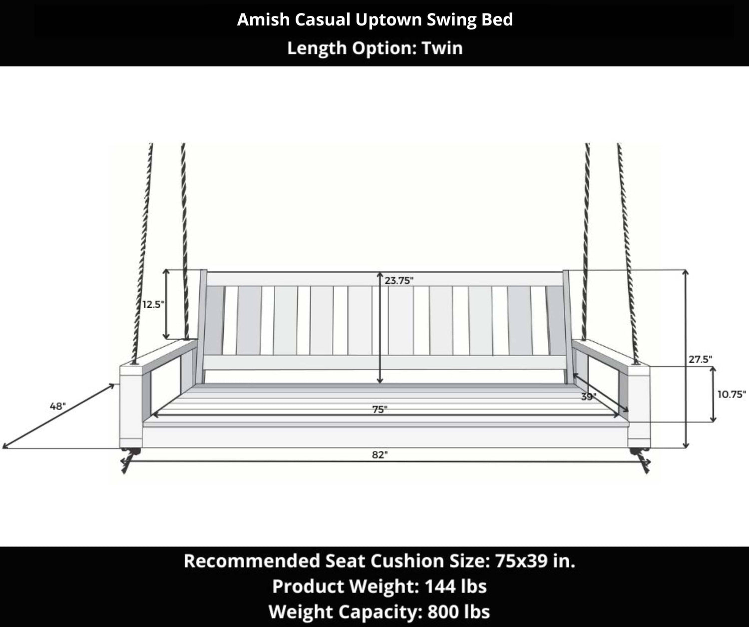 Amish Casual Twin Uptown Porch Swing Bed in Dovetail Grey Paint