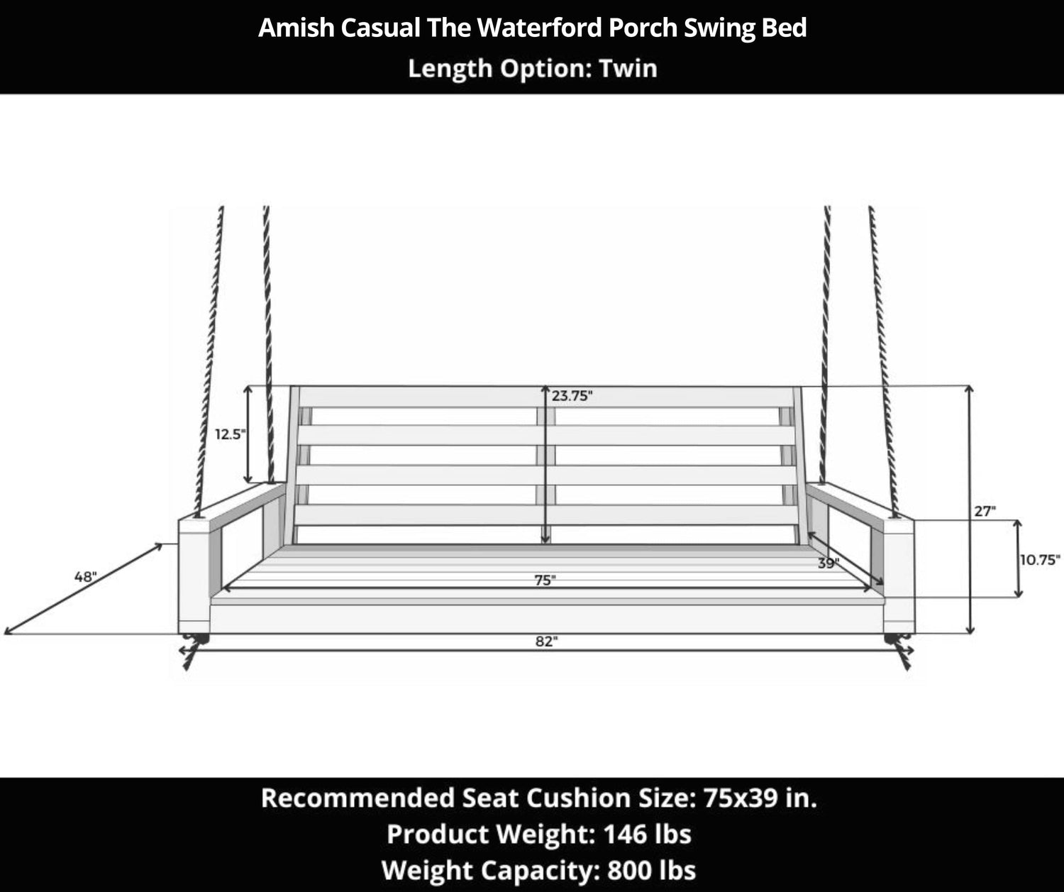 Amish Casual Waterford Hanging Bed Swing for Porch, Twin Grey