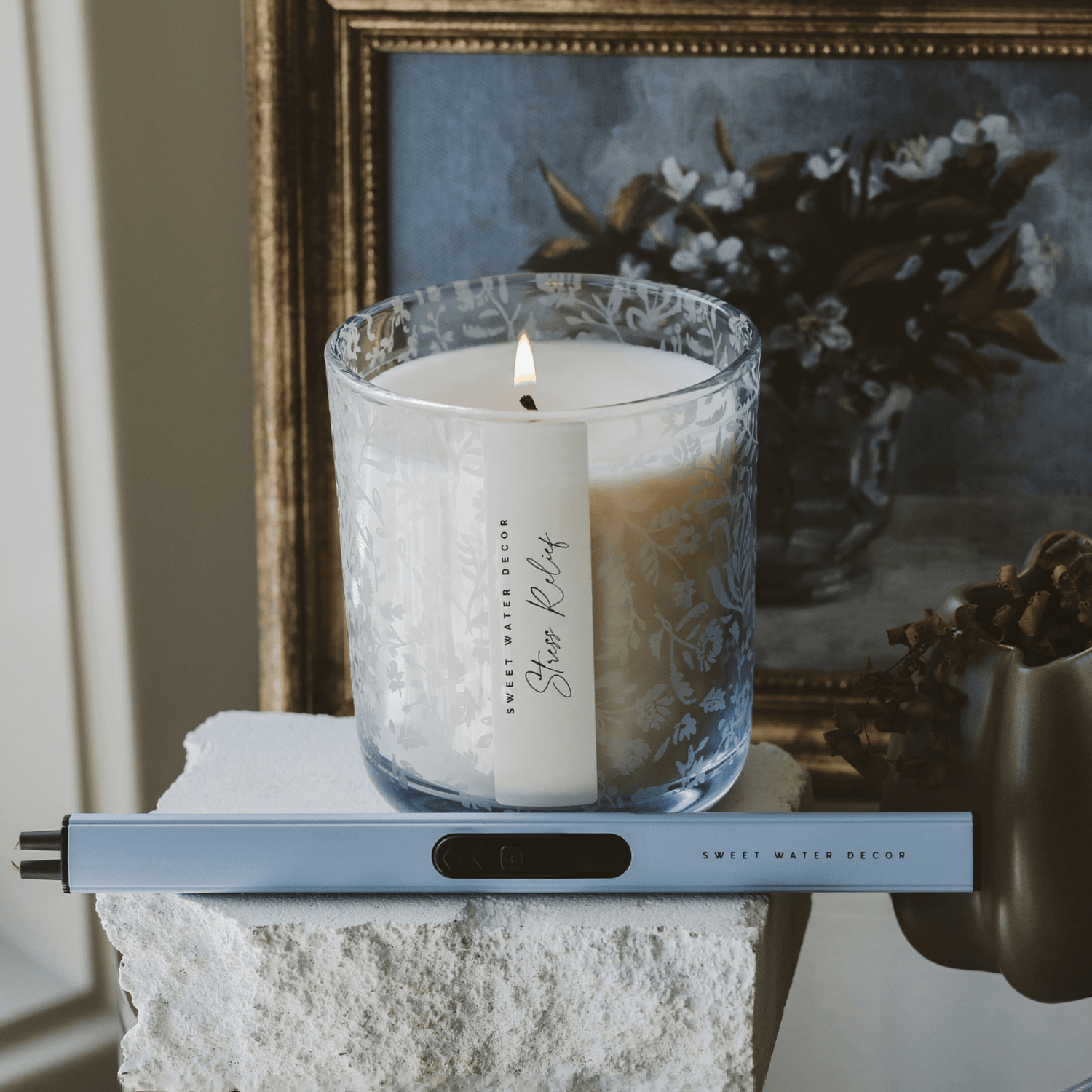 Stress Relief Soy Candle - Blue Tinted Glass Jar - 12 oz