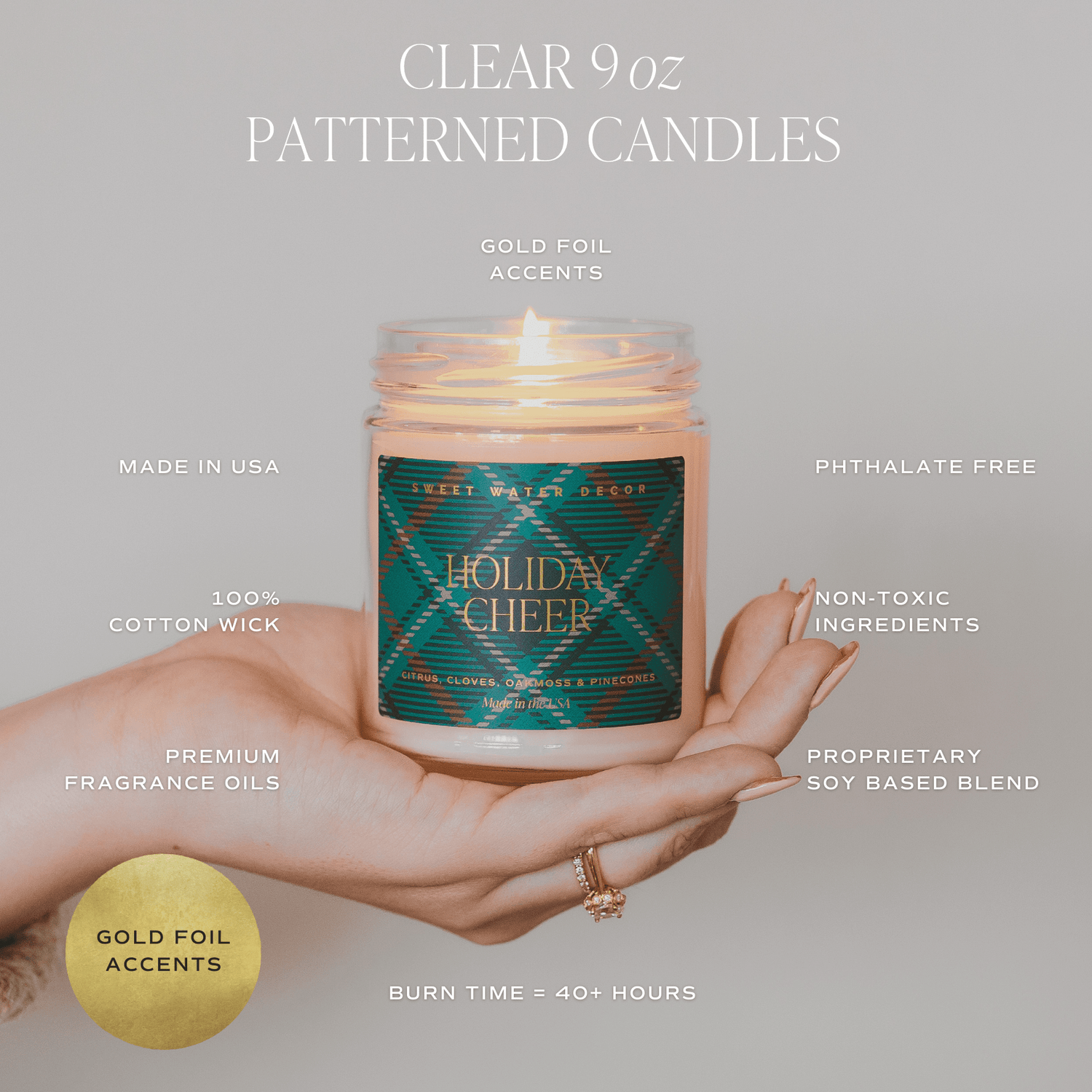 Merry and Bright Soy Candle - Patterned Clear Jar - 9 oz