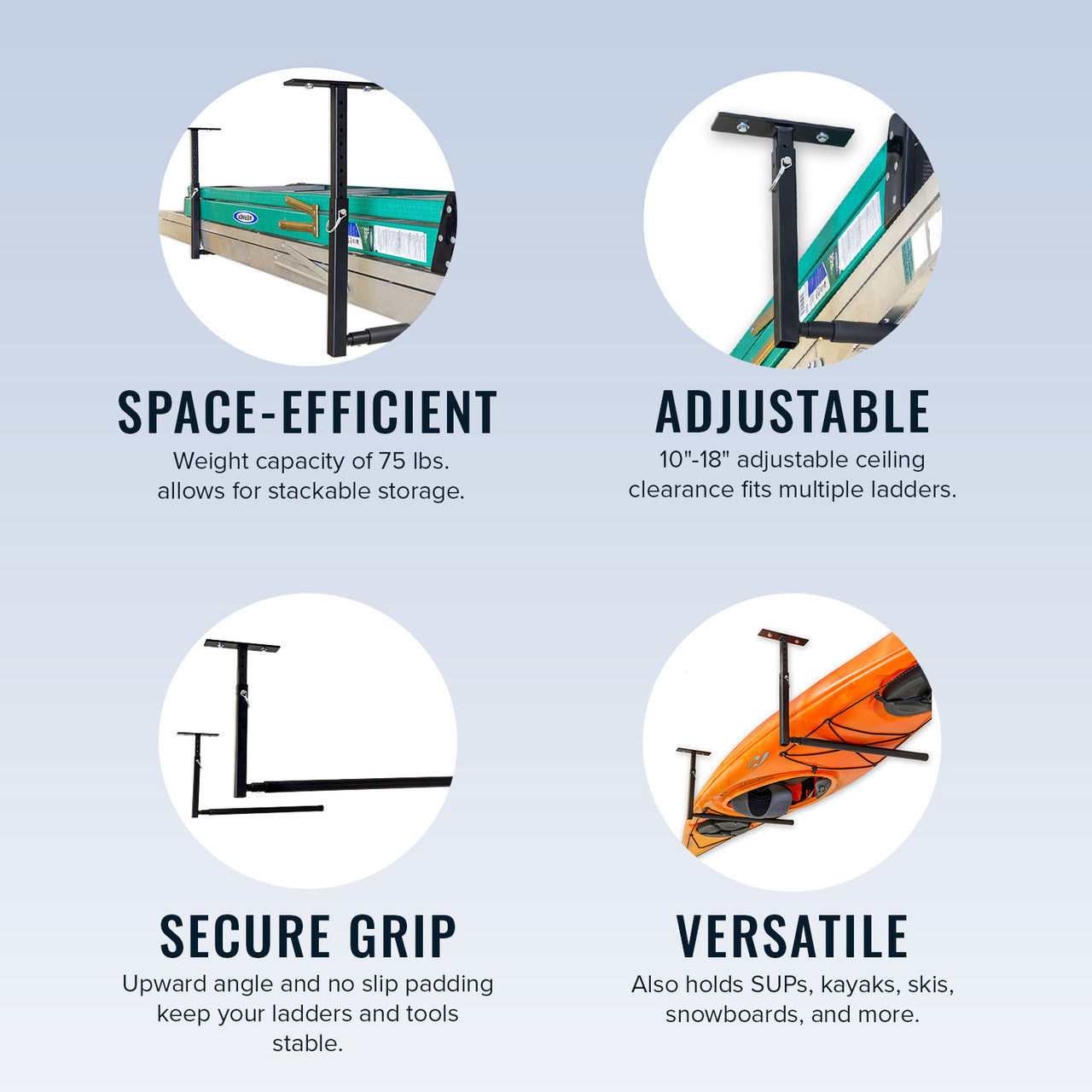 Hi-Port 2 | Ladder Adjustable Ceiling Storage Rack | Single | Holds 75 lbs