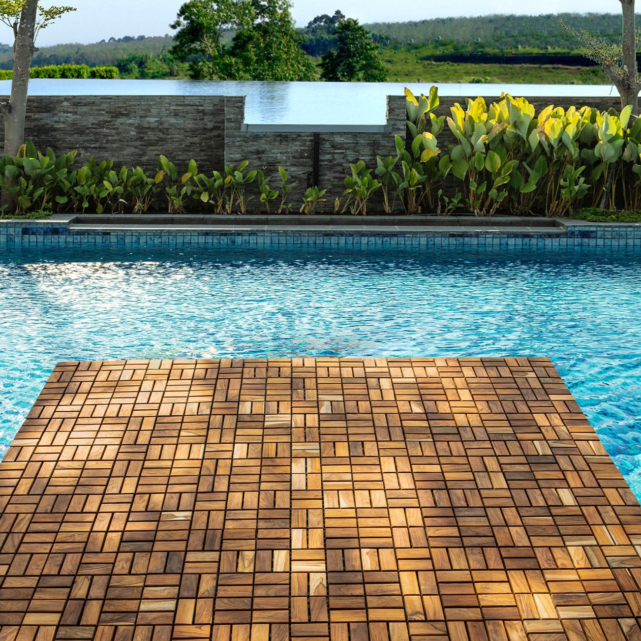 Calgary Oiled Teak Outdoor Interlocking Tiles, 18 Slat (10 sq ft)