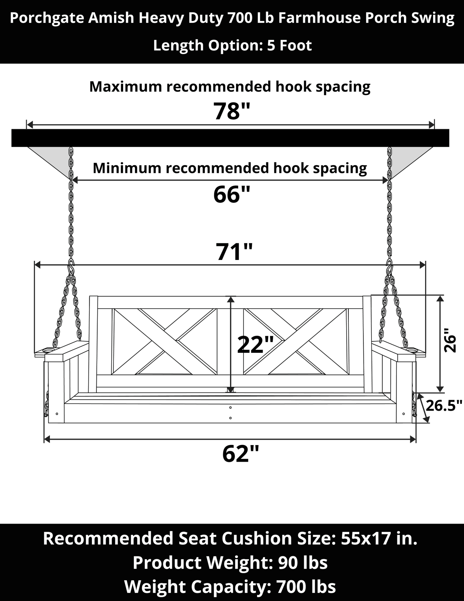 Porchgate Amish Heavy Duty 700 Lb 5-Foot Farmhouse Porch Swing - Unfinished