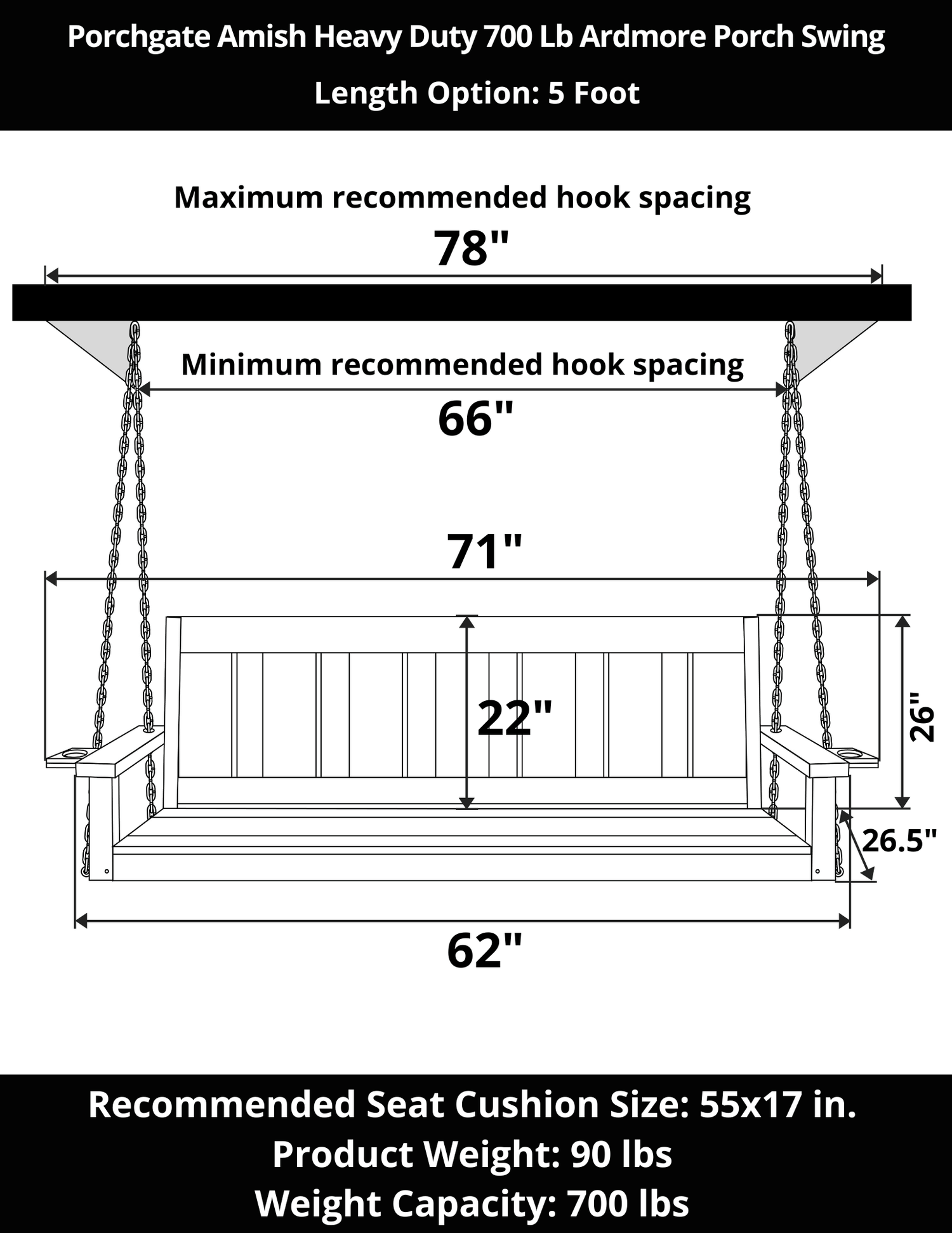 Porchgate Amish Heavy Duty 700 Lb 5-Foot Ardmore Porch Swing - Unfinished