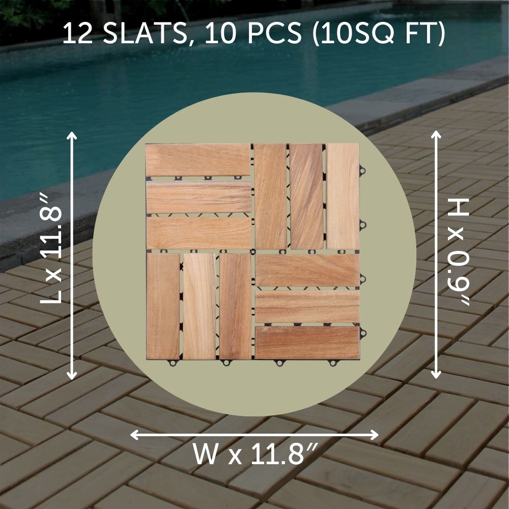 Coastal Natural Teak Outdoor Interlocking Tiles, 12 Slat (10 sq ft)