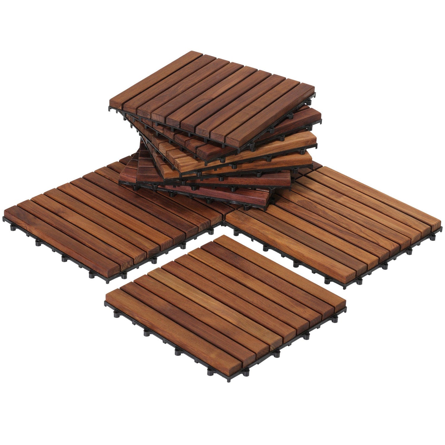 Denali Oiled Teak Outdoor Interlocking Tiles, 9 Slat (10 sq ft)