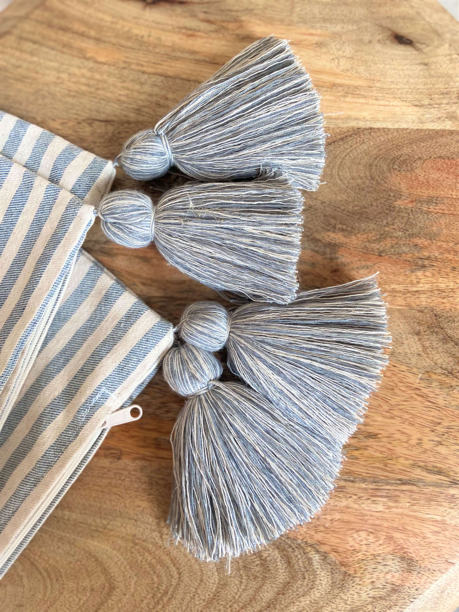 Coastal White and Blue Stripe Pillow Cover with Tassels