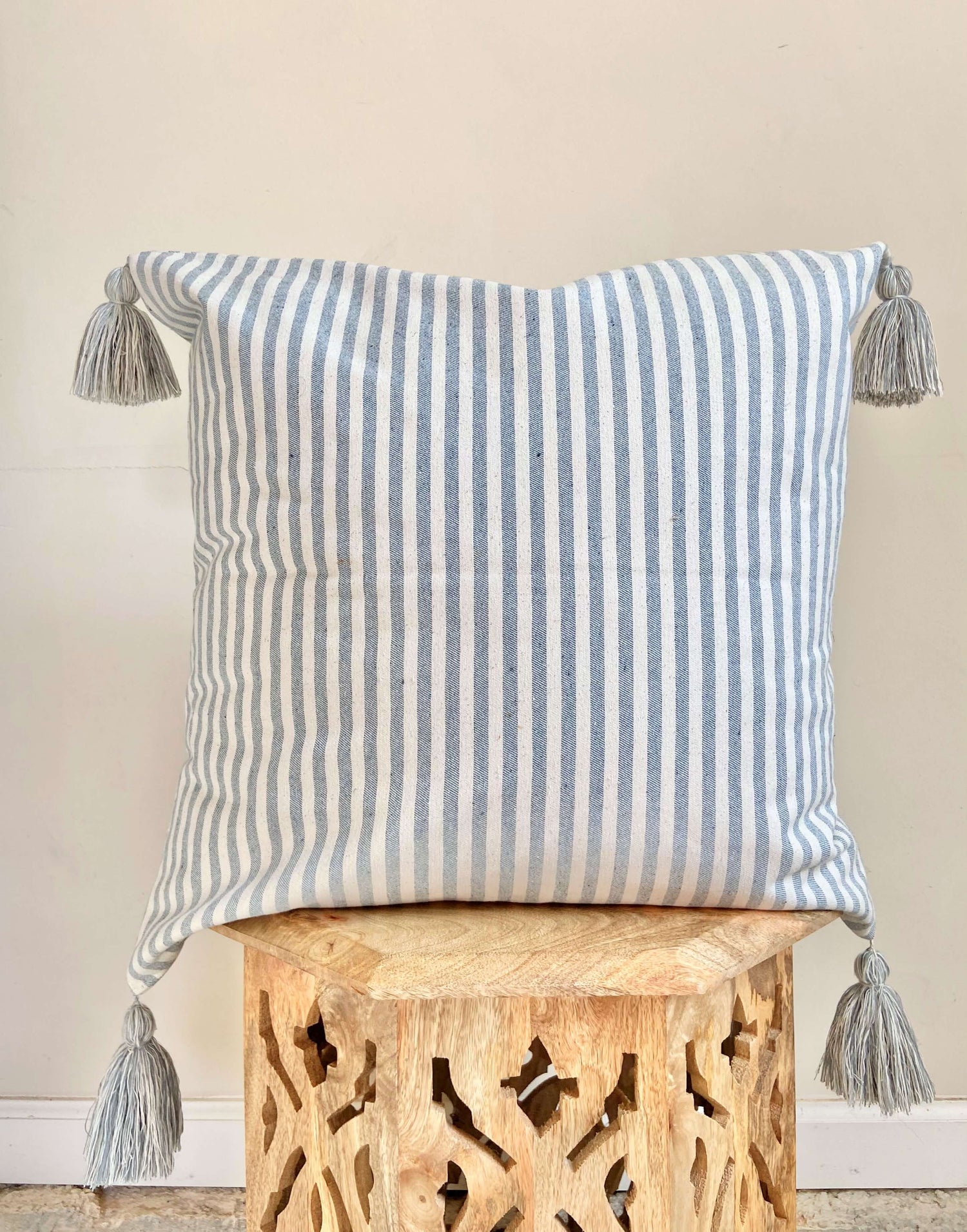 Coastal White and Blue Stripe Pillow Cover with Tassels