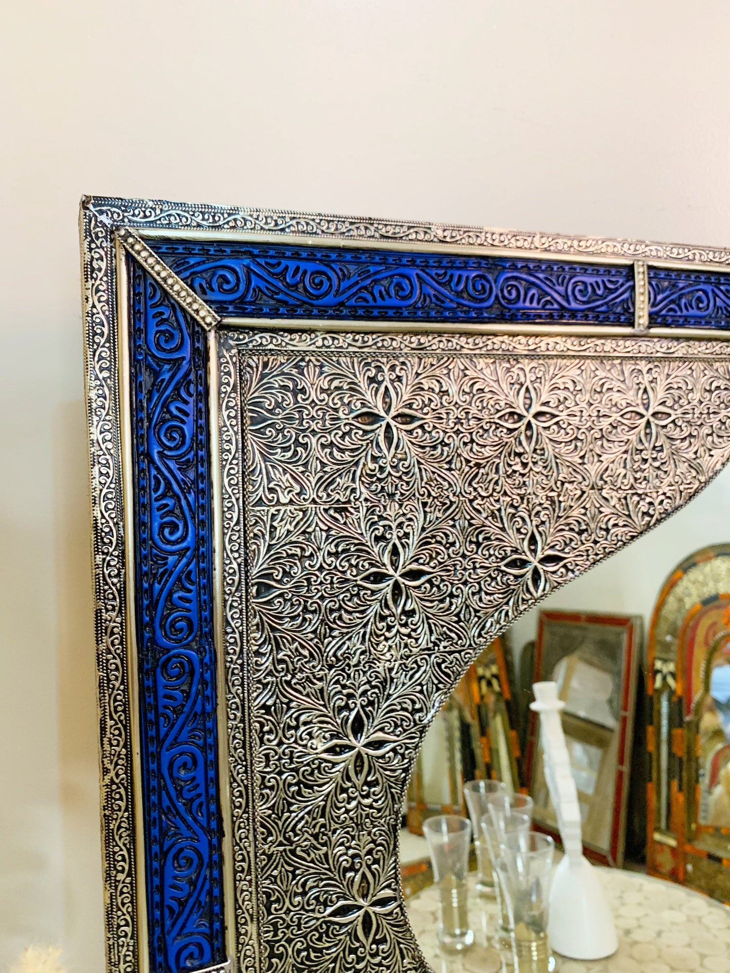 Vintage Moroccan Blue Engraved Frame Wall Mirror